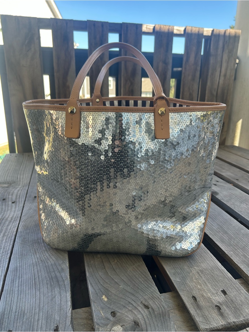 Henri Bendel Silver Sequin Tote Bag Metallic Shopper Signature Stripe